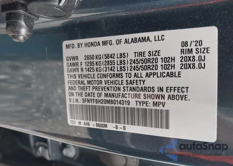 2021 Honda Pilot Awd Special Edition из США, поврежденный, VIN 5FNYF6H20MB014319